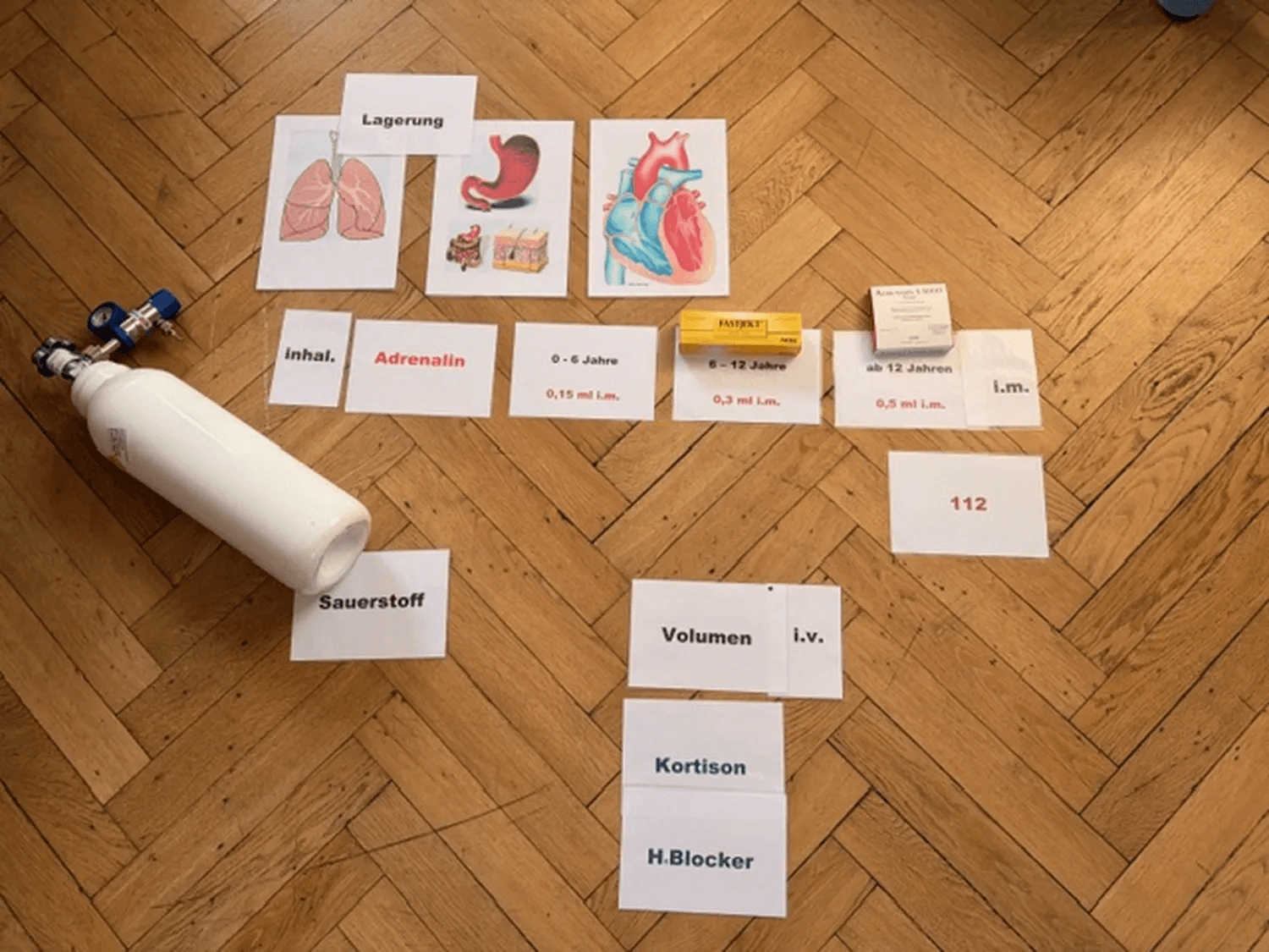 Karten mit Notfallmedikamenten und altersabhängigen Dosierungen, auf dem Boden ausgelegt