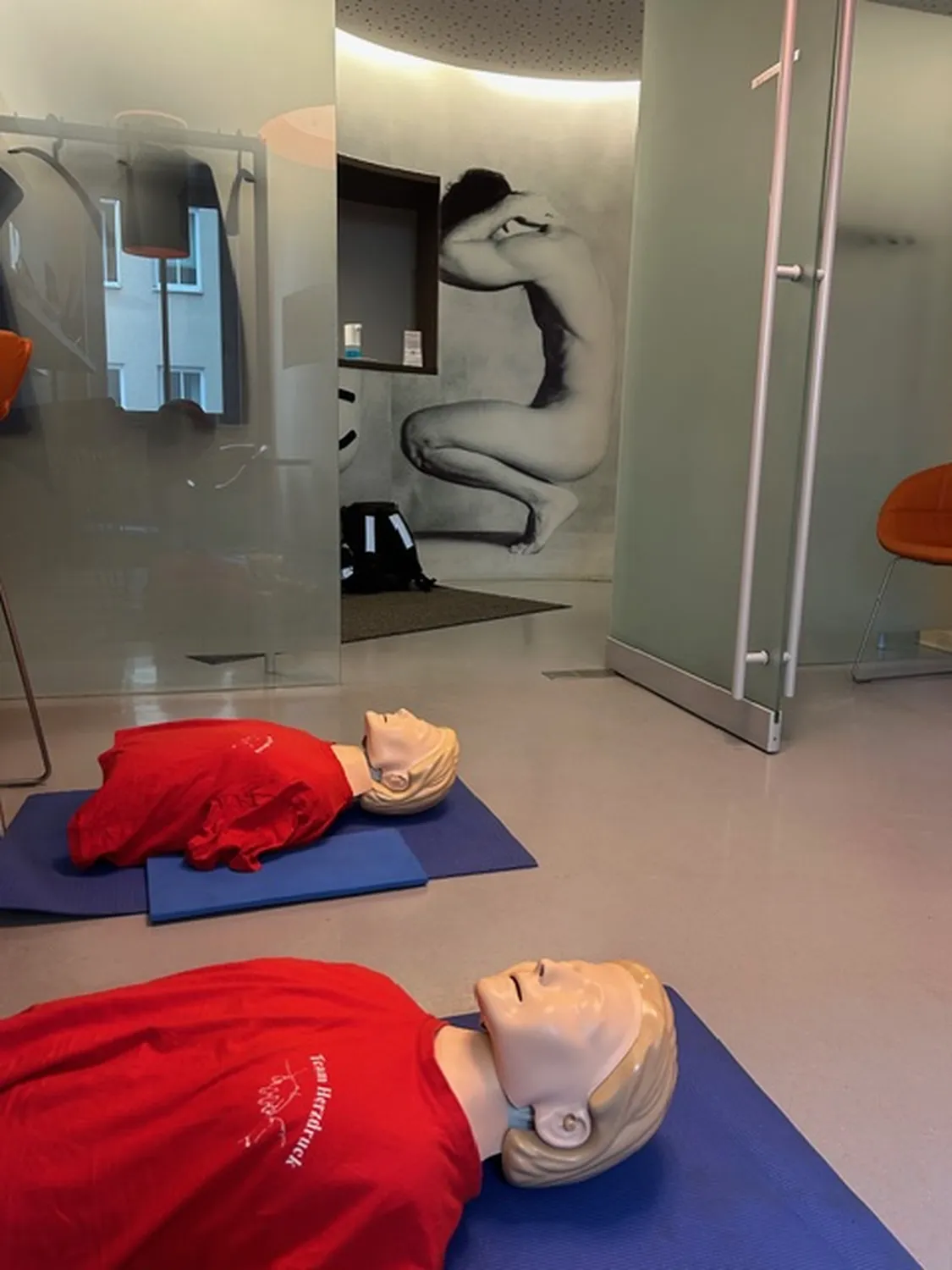 Team Herzdruck – Notfall-Workshops – Dieses Bild zeigt eine Reanimationsübung, bei der die Teilnehmenden die Herzdruckmassage an Übungspuppen erlernen.