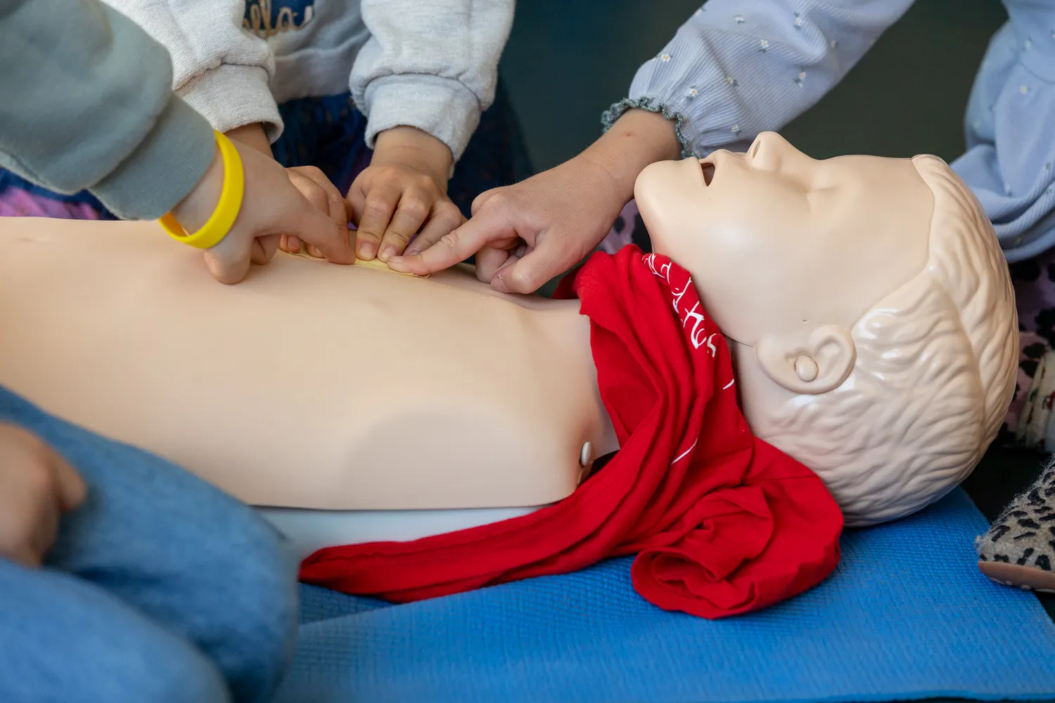 Team Herzdruck – Notfallworkshops – Dieses Bild zeigt eine praktische HLW-Übung, wahrscheinlich für Kinder, mit einer Übungspuppe.